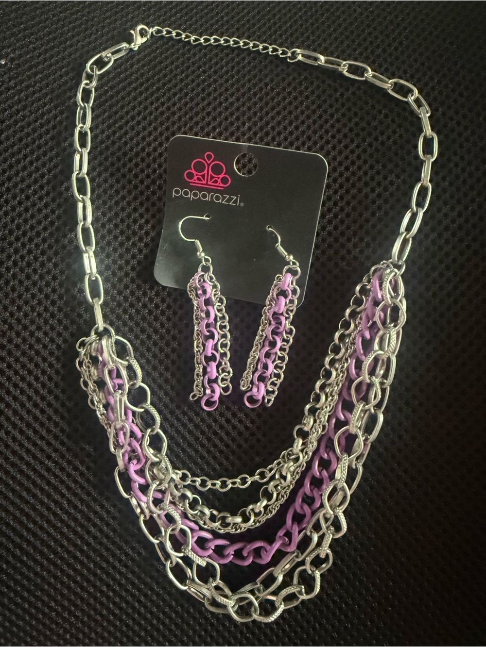 paparazzi Silver and Lavender Layered Chain Necklace with Matching Earrings